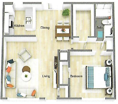Floor plan for 1 bed, 1 bath, 767 sqft